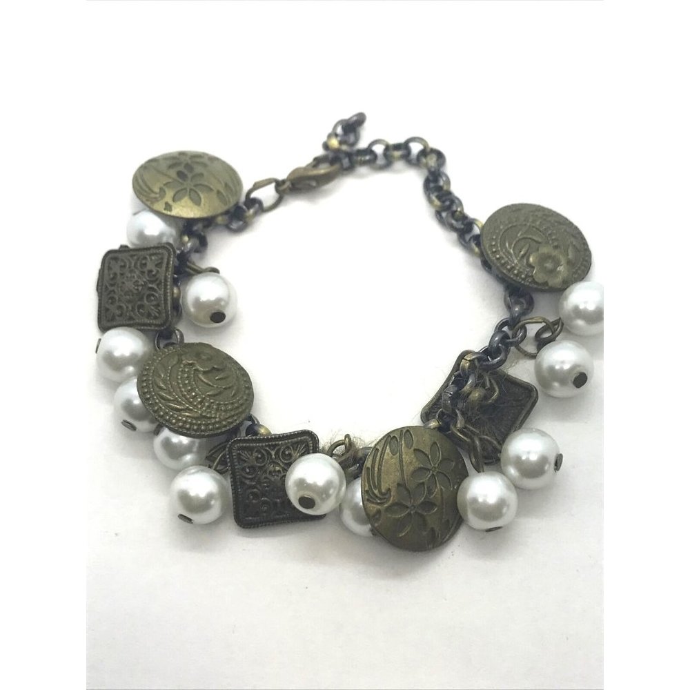 cha-cha Style Faux Pearl Brass Buttons Chain‎ 7.5" bracelet